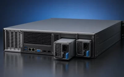 Compact rack server with two removable redundant power supply modules