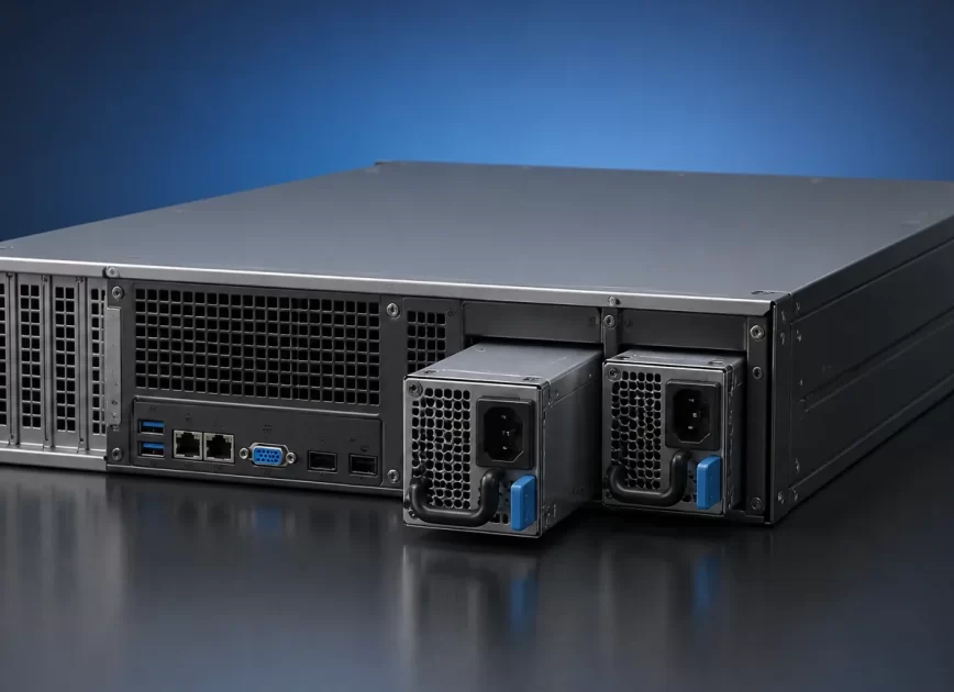 Compact rack server with two removable redundant power supply modules