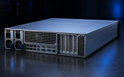 Complete 2U rack server with two removable redundant power modules at the rear