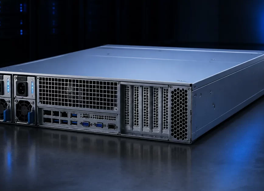 Complete 2U rack server with two removable redundant power modules at the rear