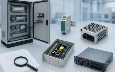 Industrial power supply formats arranged beside a machine control cabinet and engineering documents