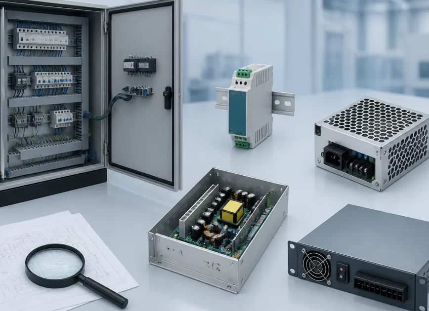 Industrial power supply formats arranged beside a machine control cabinet and engineering documents
