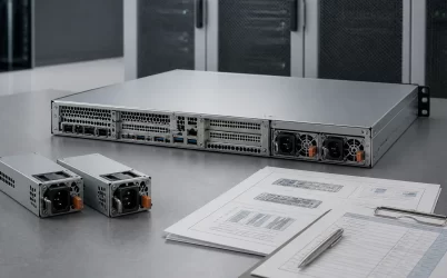 Two removable CRPS power modules installed in the rear of a rack server beside technical sourcing documents