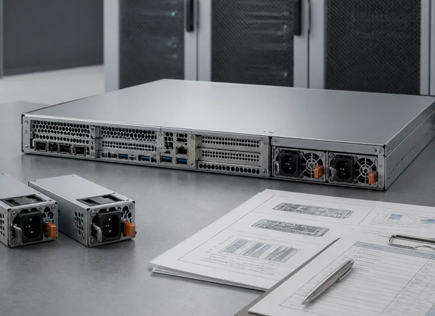 Two removable CRPS power modules installed in the rear of a rack server beside technical sourcing documents