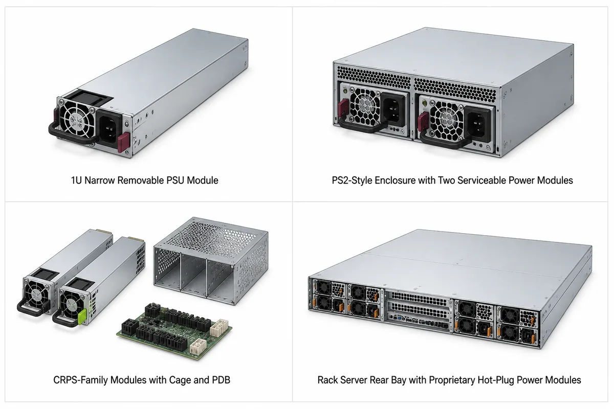 Comparison of 1U module, PS2 redundant assembly, CRPS system, and proprietary server power bay