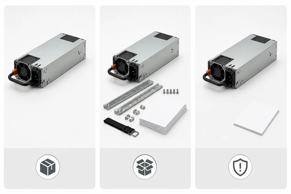 Comparison of a standalone server power module, a complete replacement kit, and a similar-looking unverified module