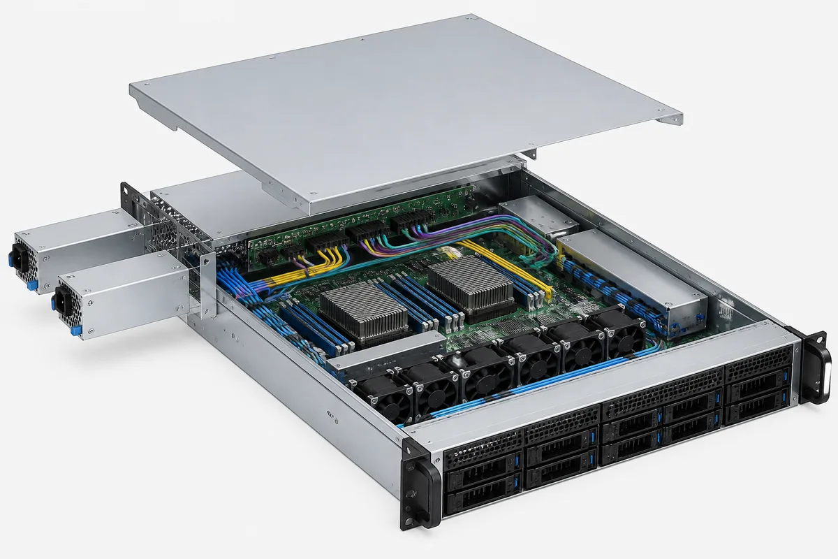 Exploded view of a 2U server PSU cage, redundant modules, PDB, and motherboard power path