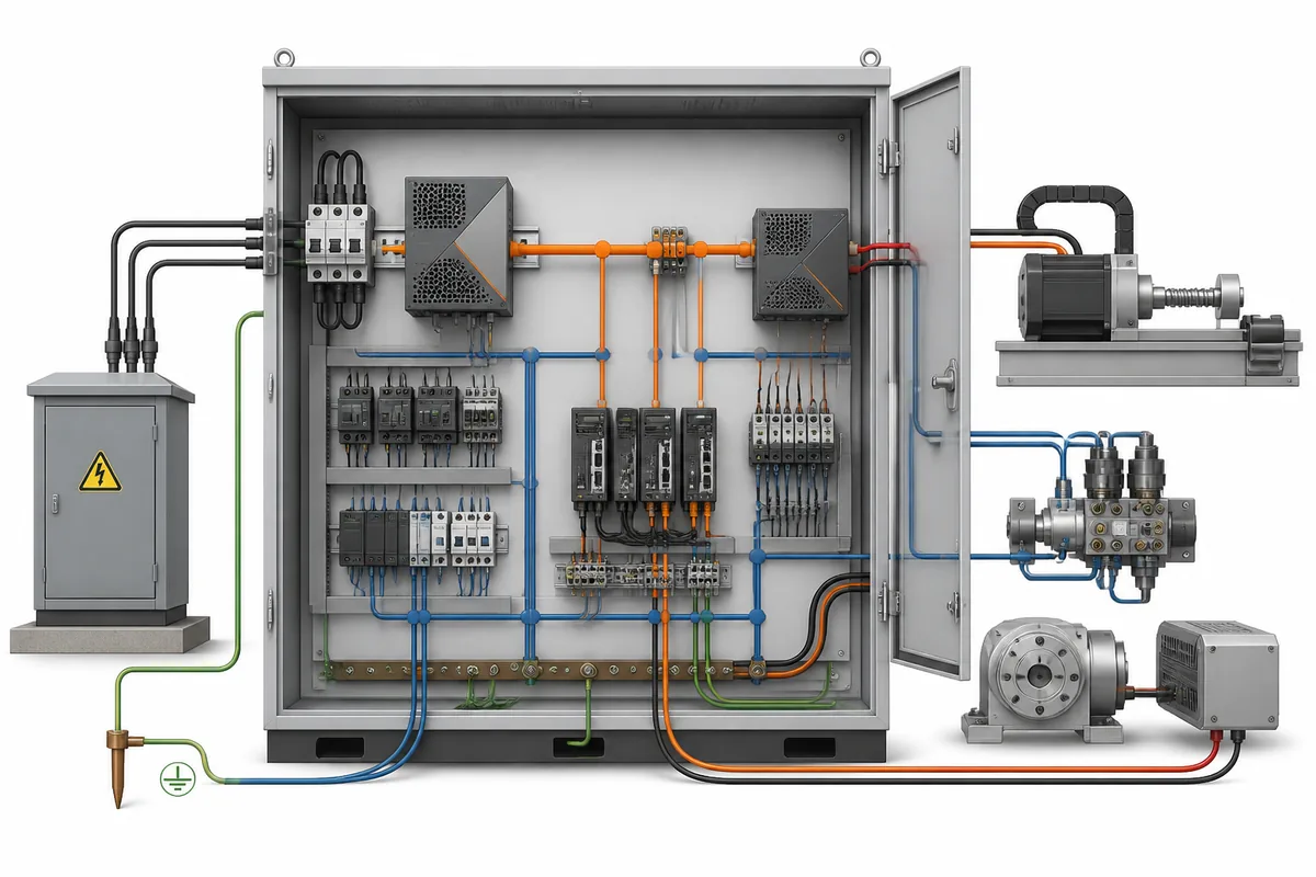 Industrial machine power path from facility input through central and distributed conversion to loads