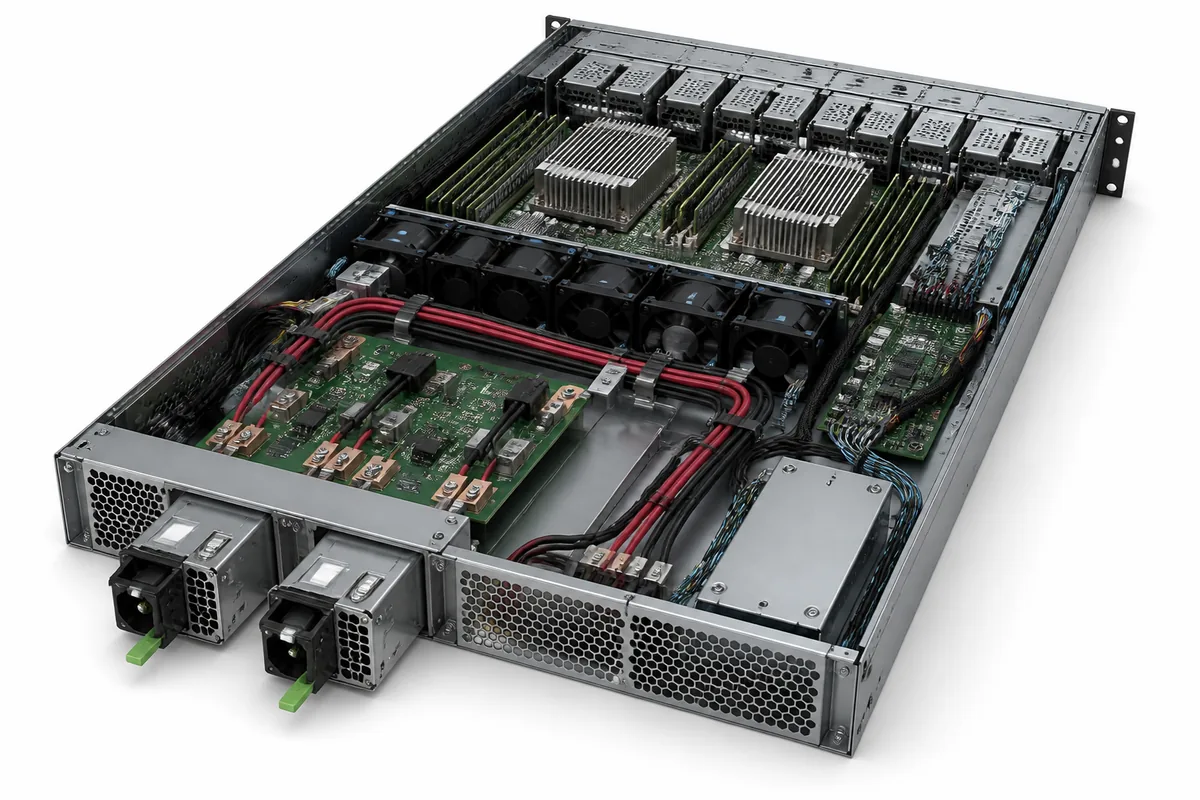 Open server chassis showing CRPS modules connected through a PDB to the host power and management paths