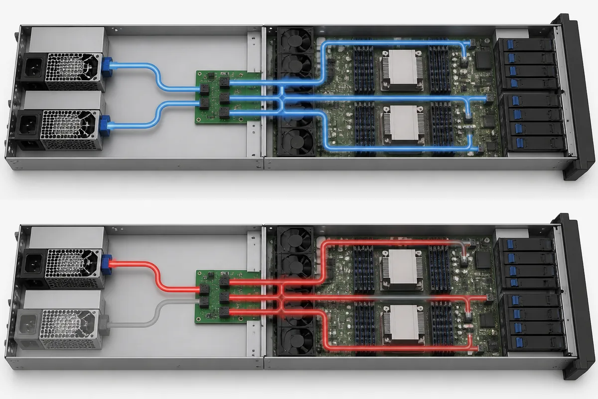 Redundant 2U server power paths during normal and single-module operation