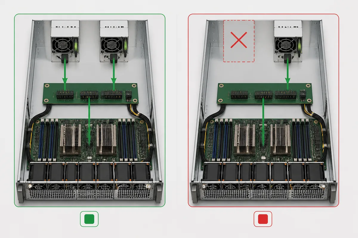 Redundant server power path with one module carrying the load after a failure