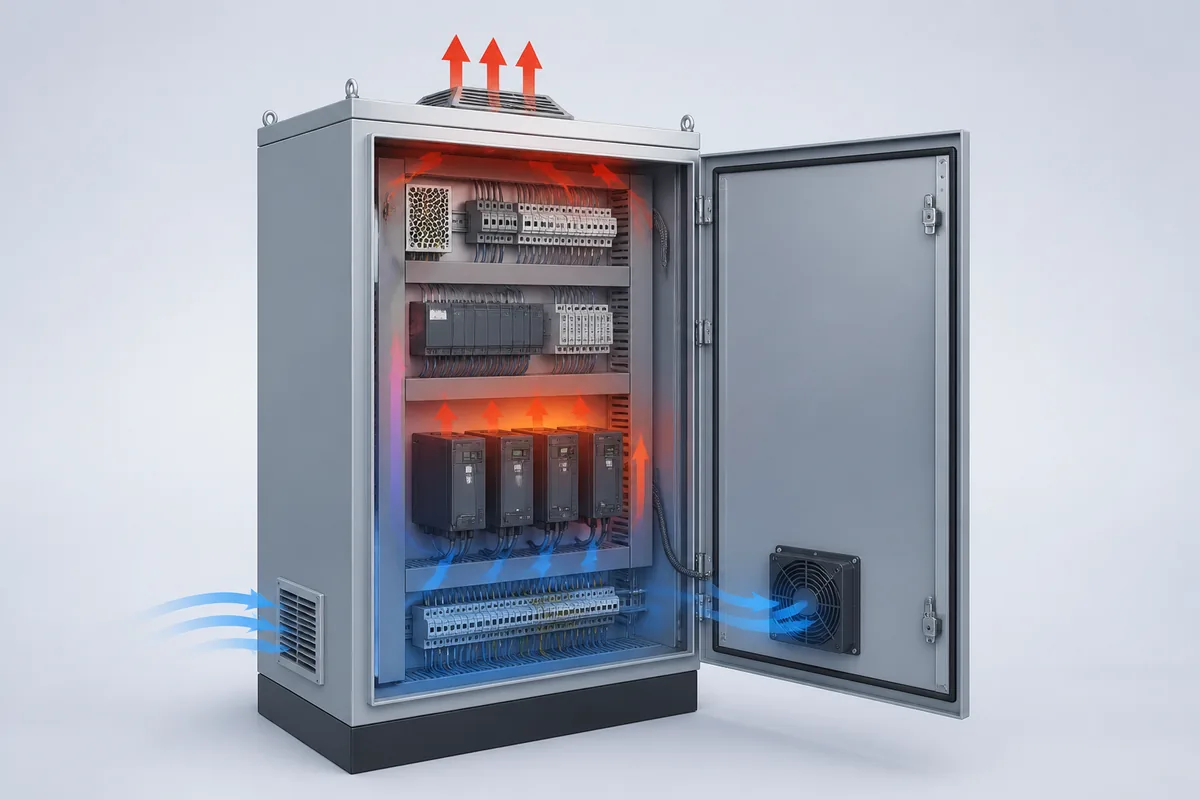 Airflow and heat paths around an industrial power supply inside a control cabinet