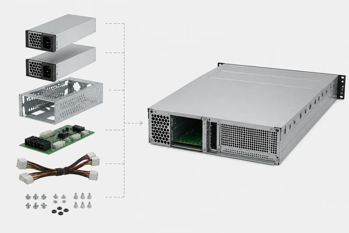 Exploded view of redundant PSU modules, cage, PDB, harness, and server chassis