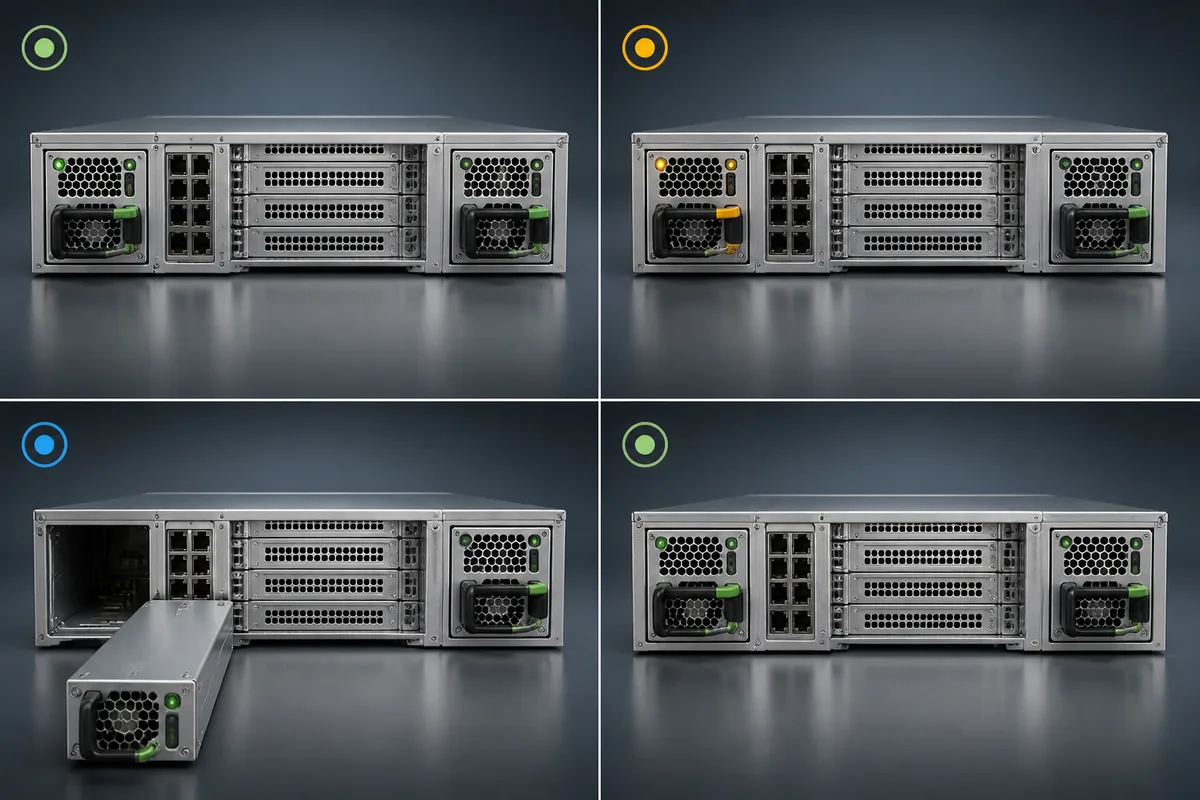 Four-stage server power sequence from paired operation through module replacement and restored redundancy