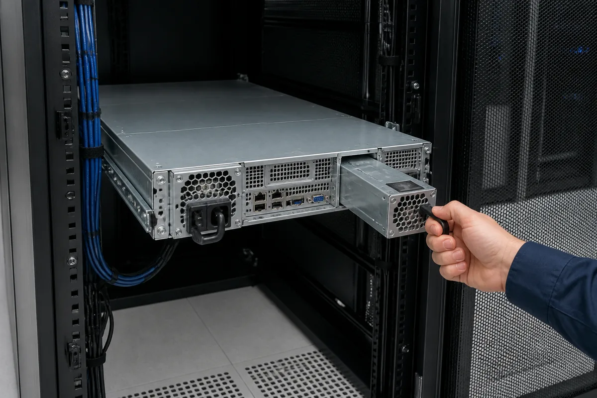Technician removing one redundant PSU from a complete 2U rack server