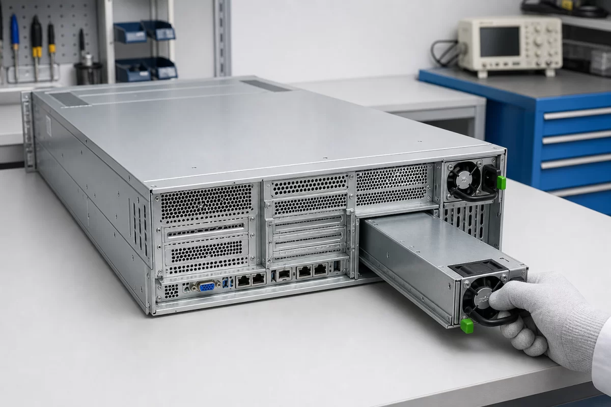 Technician withdrawing one complete hot-plug power module while the server remains supported by the installed module