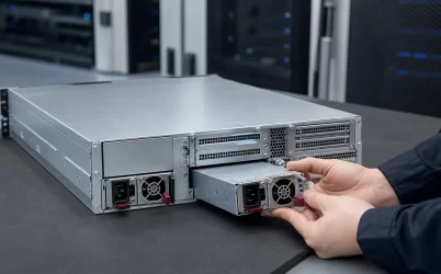 Technician comparing a removable server power supply with matching redundant PSU bays