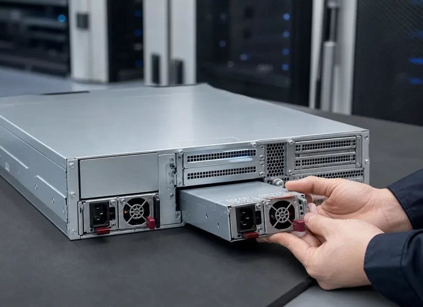 Technician comparing a removable server power supply with matching redundant PSU bays