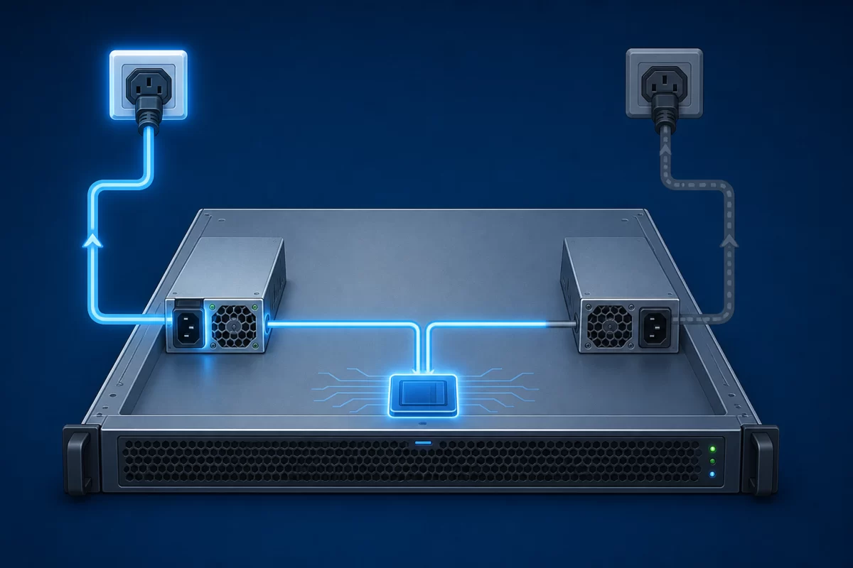One healthy power path sustaining a complete dual-module server after the other input path is lost