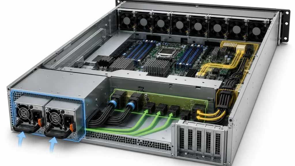 Server chassis showing redundant PSU modules, cage, PDB, and host connections