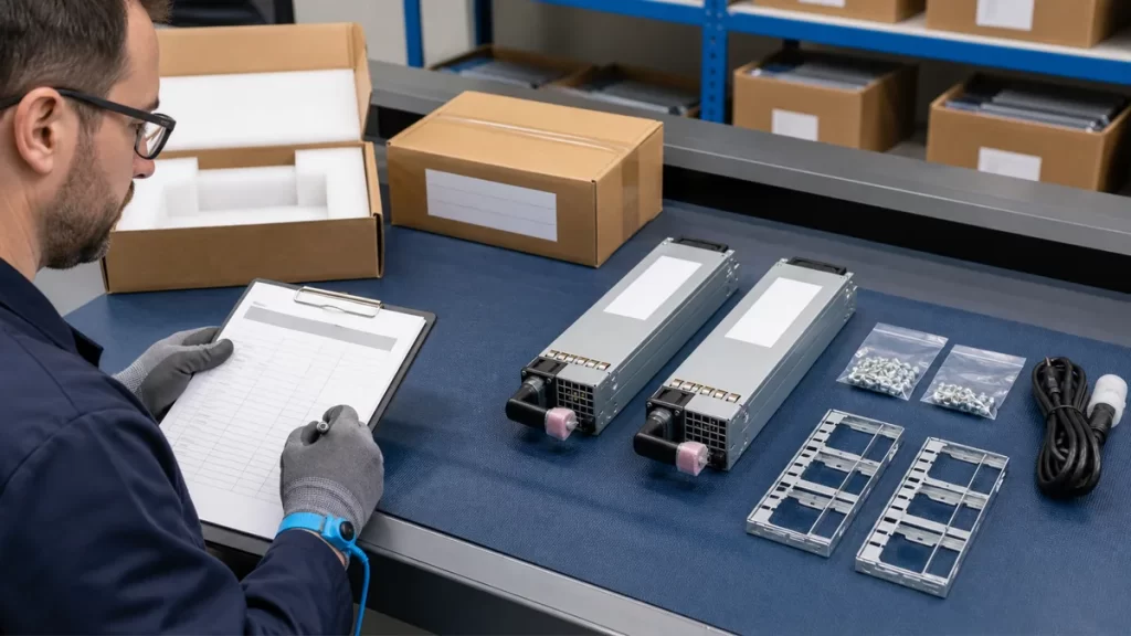 Technician inspecting redundant server power supplies against purchase documentation