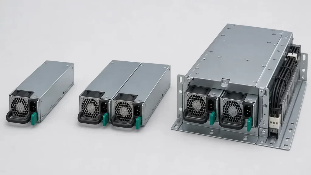 Comparison of a server PSU module, redundant pair, and complete power assembly