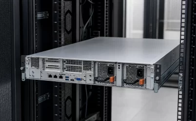 Rack server with two removable redundant power supply modules visible at the rear