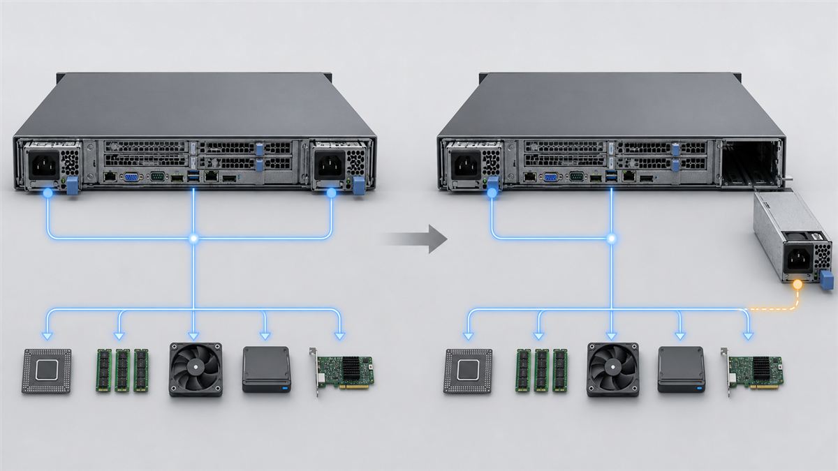 Two-state illustration of shared server power and one-module surviving operation