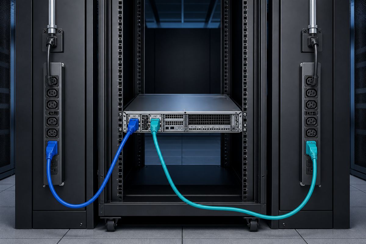 Complete server with two power modules connected to separate rack power feeds