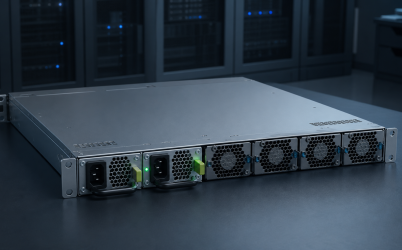 Complete 1U server with two rear redundant power modules