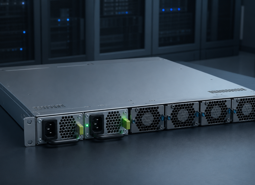 Complete 1U server with two rear redundant power modules