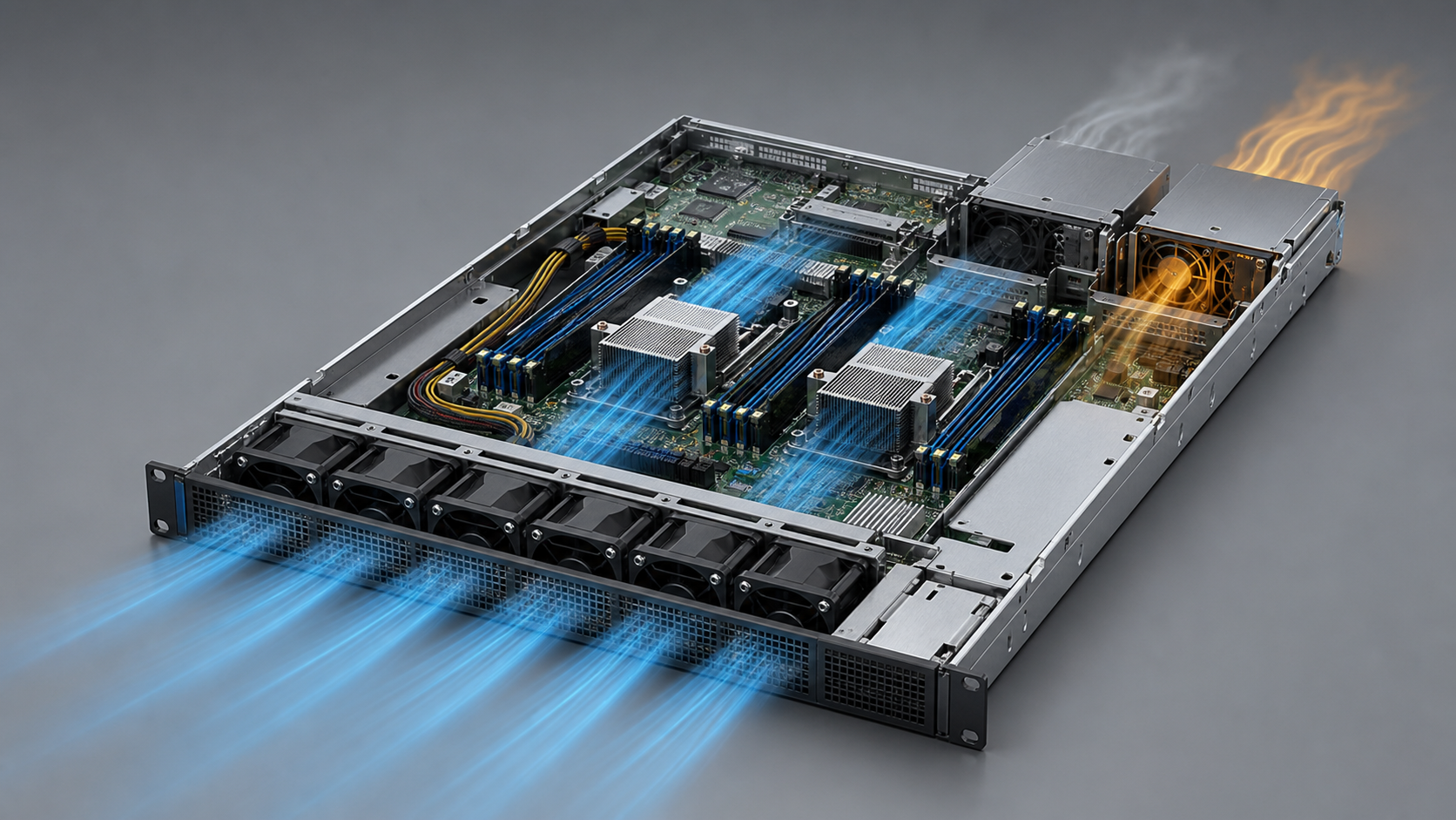 Complete 1U server airflow path with one failed PSU fan and one surviving power module carrying the thermal load