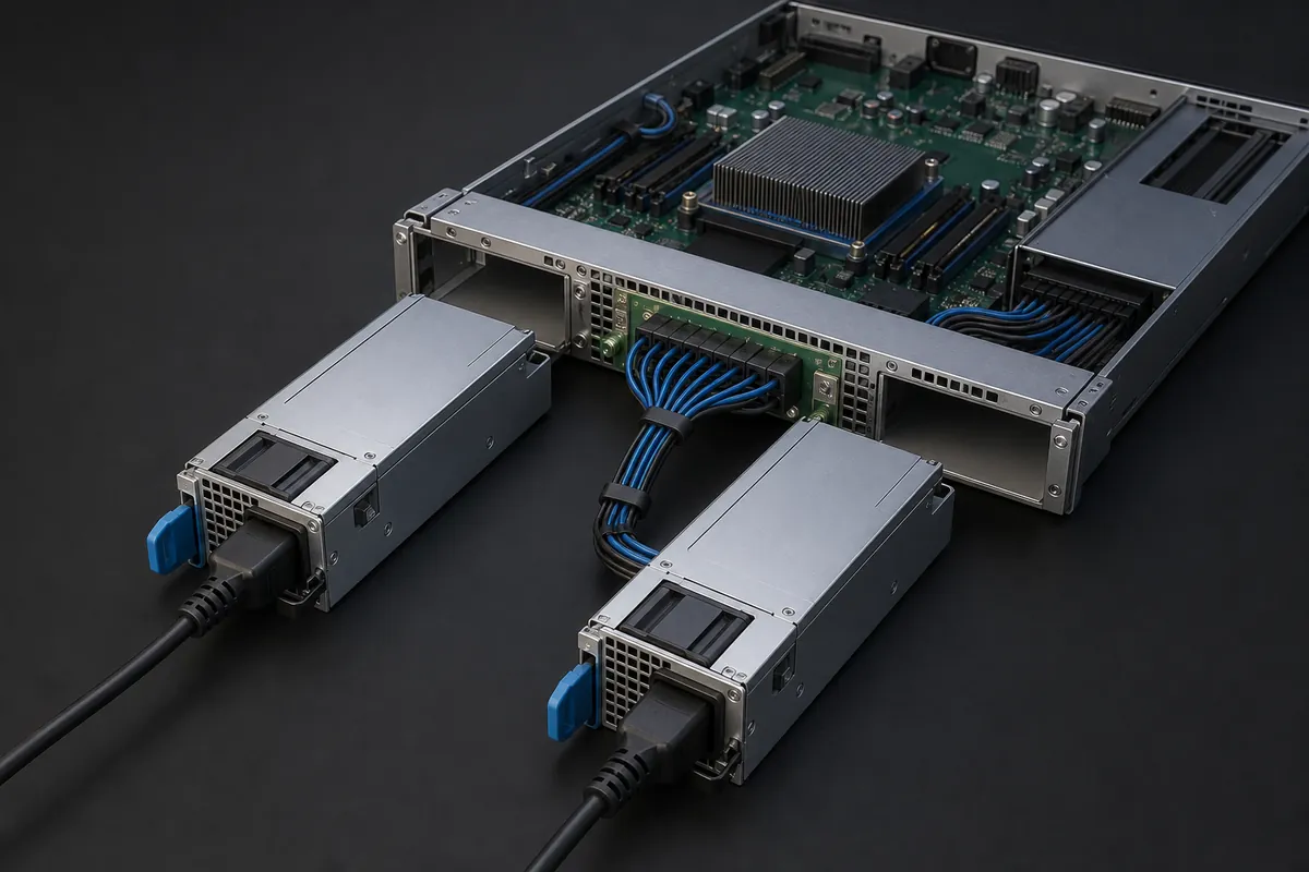 Two hot-swappable server power modules connecting to a shared power-distribution backplane