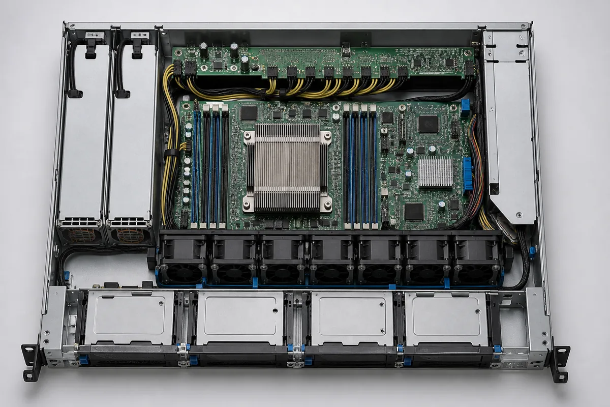 Cutaway view of a compact 1U server with redundant power modules