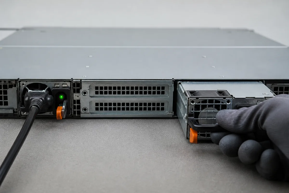 Technician replacing one redundant power module in a running 1U server