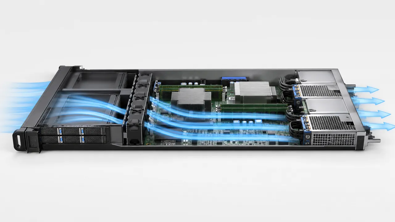 Cutaway illustration of front-to-rear cooling airflow through a 1U server chassis