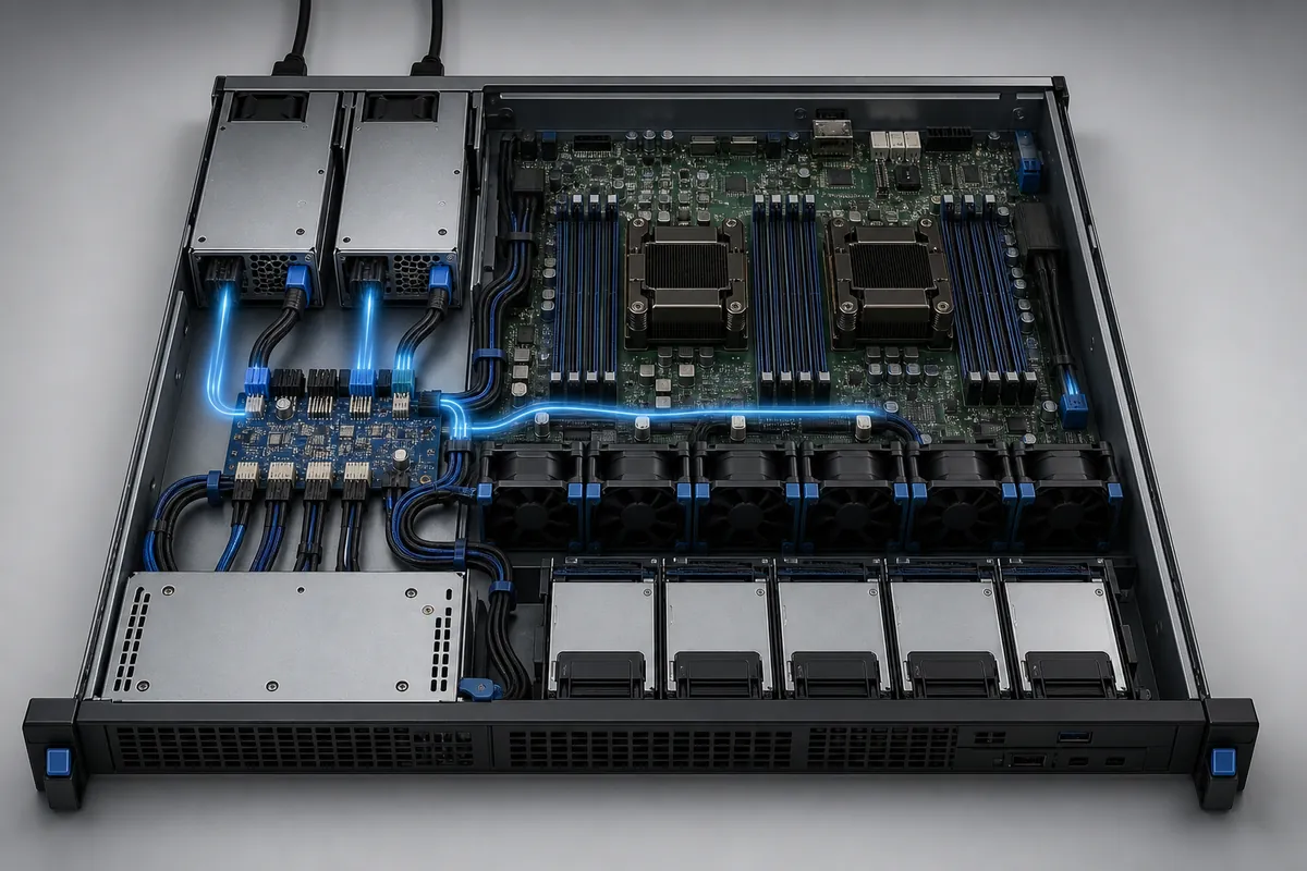 Cutaway view showing dual server power modules, power distribution, motherboard, fans, and drives