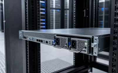 Rear view of a 1U rack server with two hot-swappable power modules