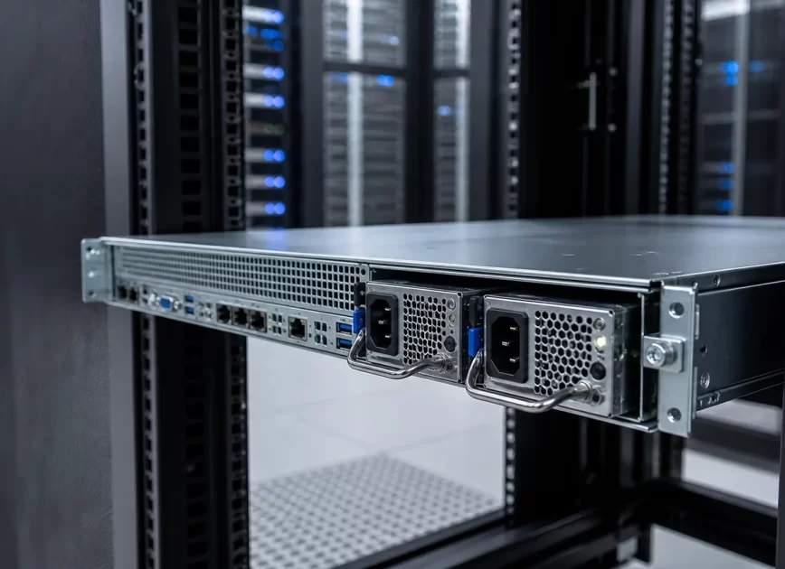 Rear view of a 1U rack server with two hot-swappable power modules