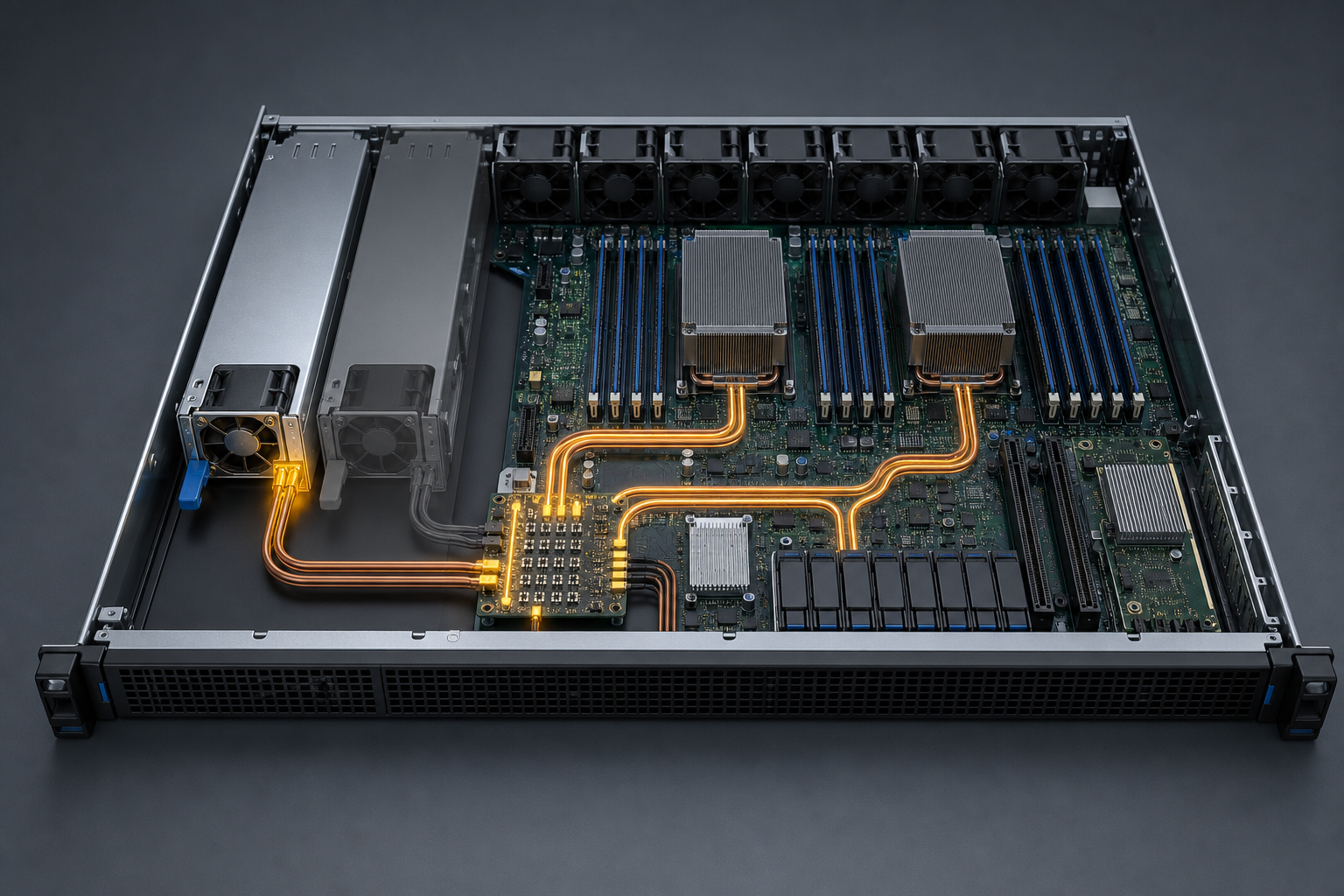 One surviving PSU feeding the PDB and server load zones after the second 1U module is lost