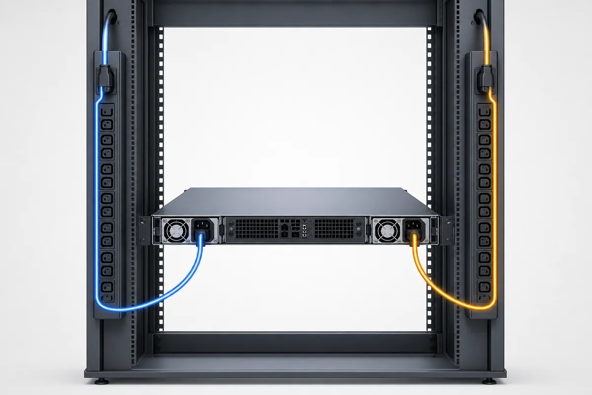 Two independent high-line rack feeds connected to the redundant power modules of a complete 1U server
