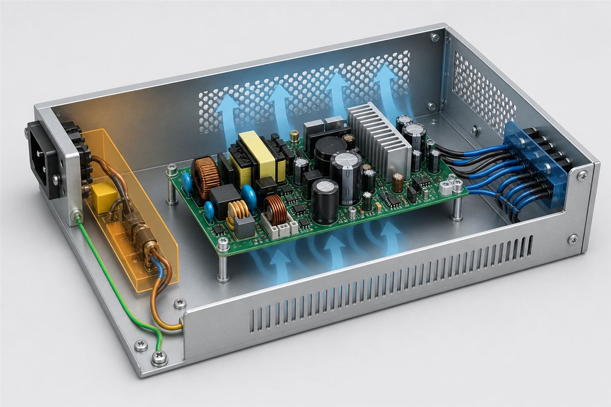 Open-frame power board mounted on standoffs with separated wiring and enclosure airflow