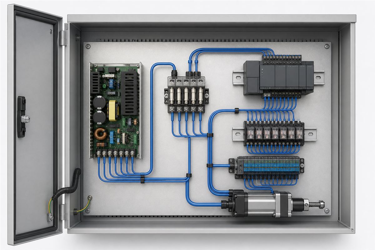 Open-frame power supply distributing low-voltage power to industrial control loads