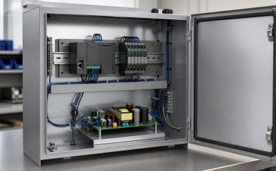 Open-frame 24V power board integrated inside an industrial control enclosure