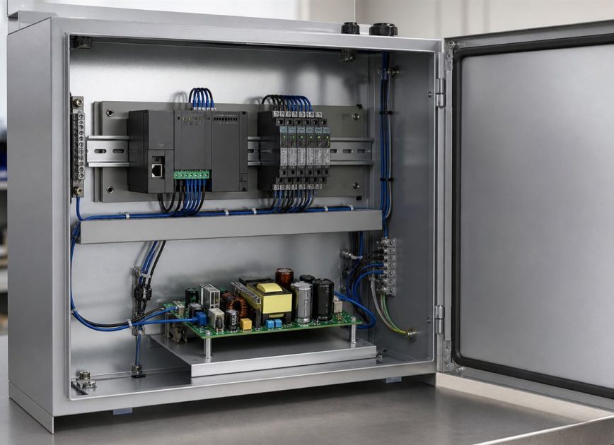 Open-frame 24V power board integrated inside an industrial control enclosure