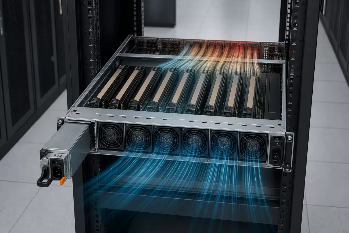 Complete 2U GPU server with one power module withdrawn and front-to-rear cooling paths visible