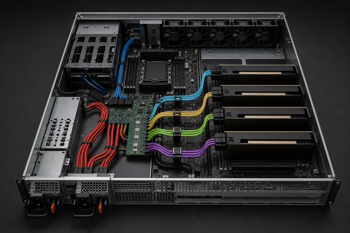 Open 2U GPU server showing separate power distribution paths to four accelerator cards