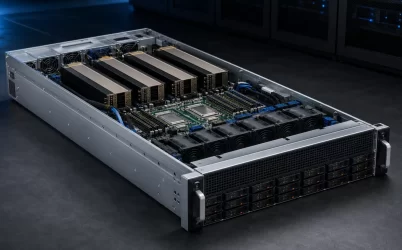 Complete open 2U GPU server with accelerators, fan wall, and redundant rear power modules
