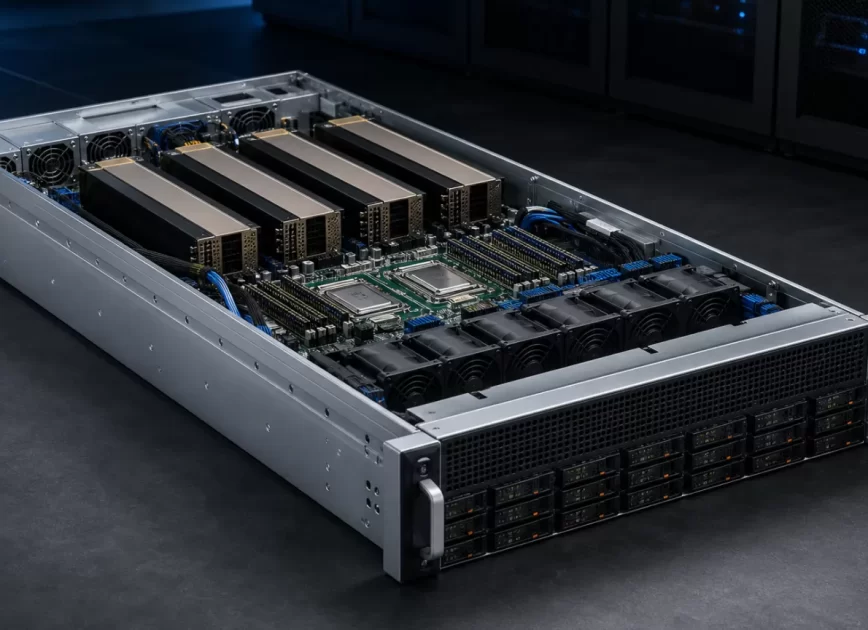 Complete open 2U GPU server with accelerators, fan wall, and redundant rear power modules