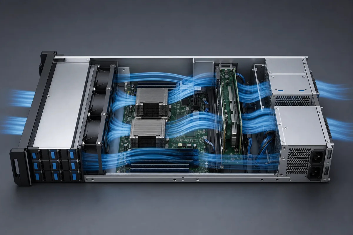 Airflow path through a 2U server chassis and rear power modules